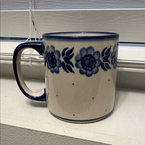 Vintage UNIKAT Blue floral Coffee Mug Cup Handmade In Poland Signed